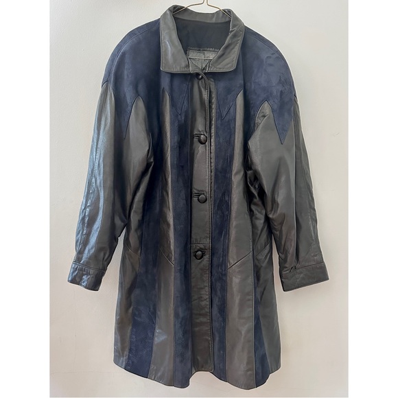 VINTAGE LEATHER SUEDE STRIPED TRENCH COAT LONG JACKET WESTERN BIKER UNISEX M L - Picture 1 of 11